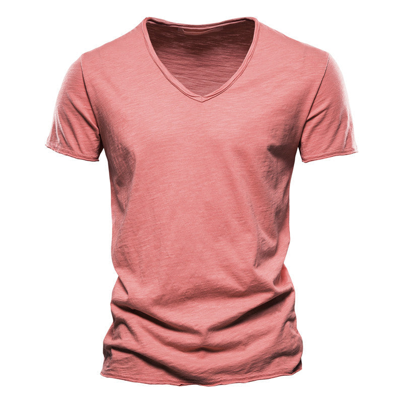 T-shirt Col V Couleur Uni en Coton Flammé pour Homme