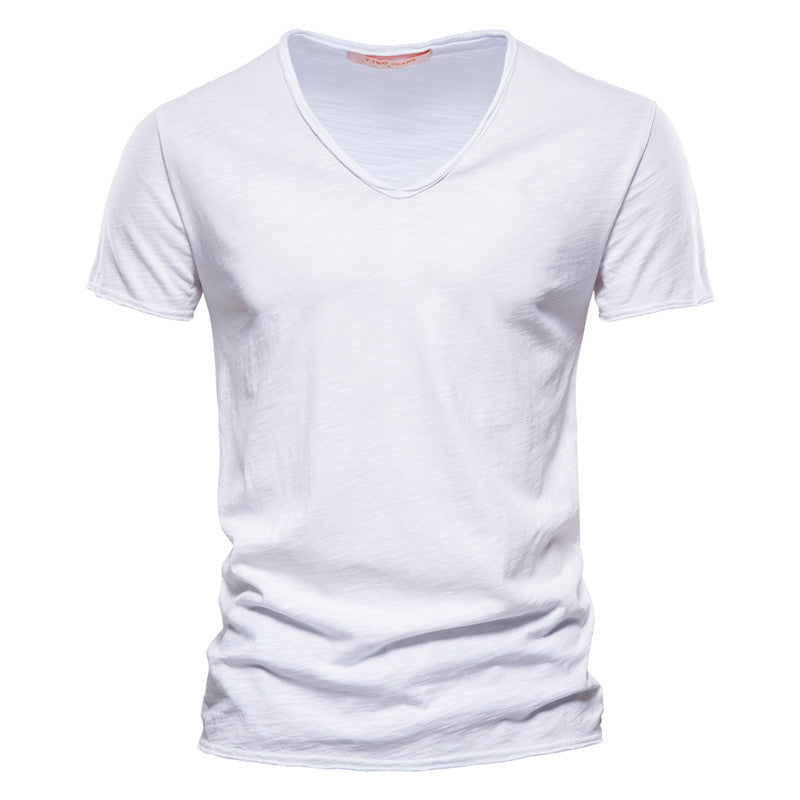 T-shirt Col V Couleur Uni en Coton Flammé pour Homme
