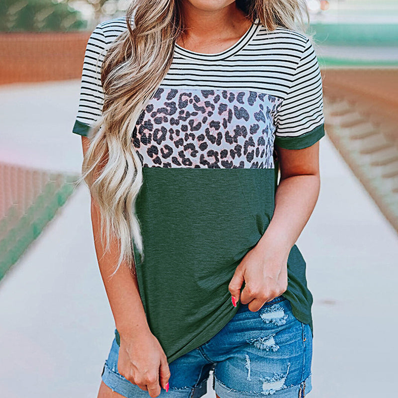 T-shirt contrasté à rayures léopard