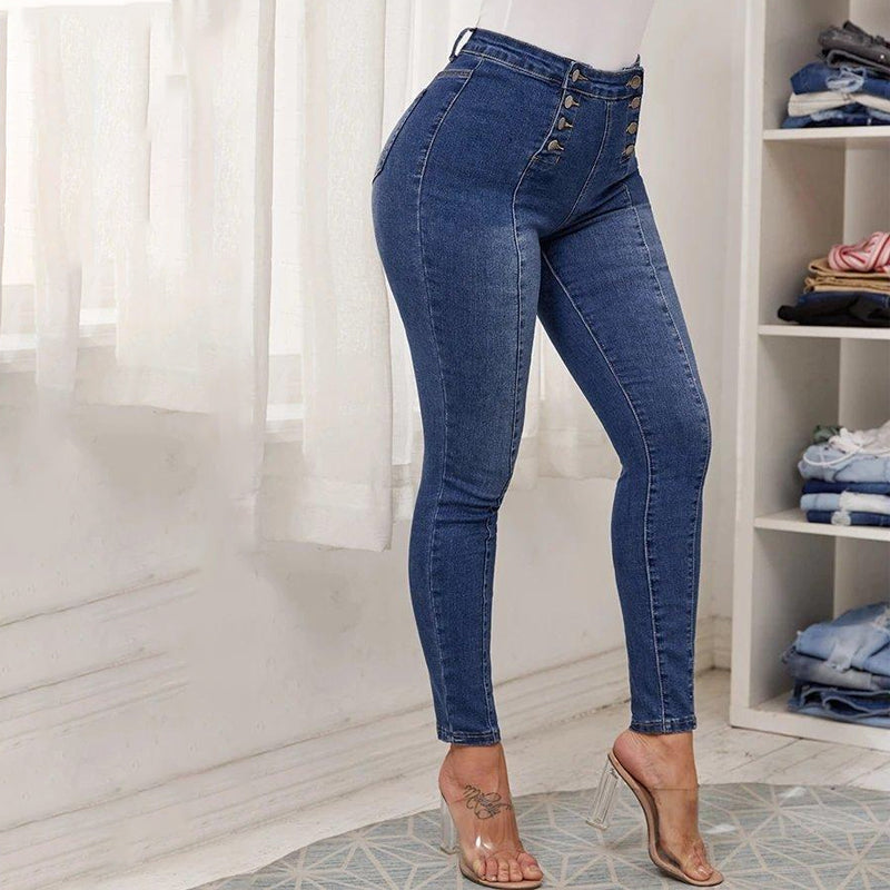 Jean Skinny Taille Haute à Double Boutonnage