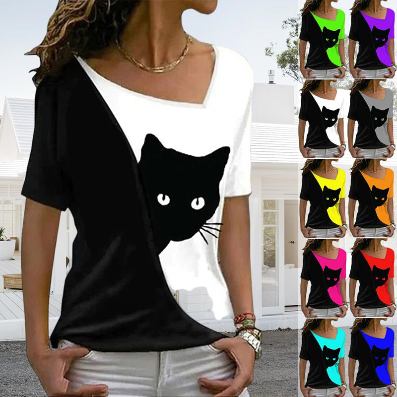 T-shirt chat noir à encolure diagonale