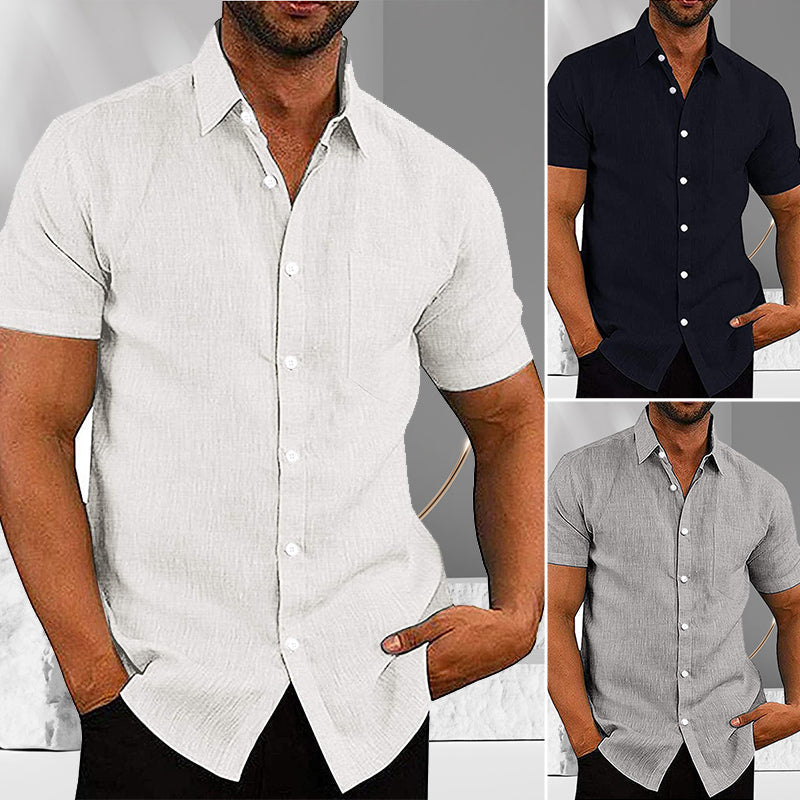 Chemise boutonnée à manches courtes en lin de couleur unie pour hommes