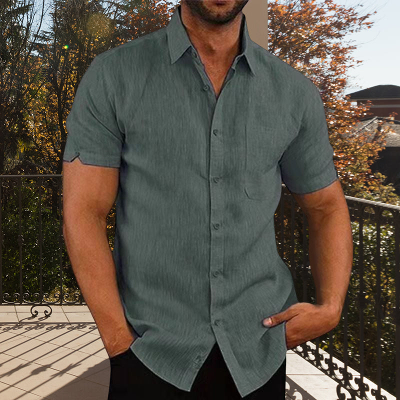 Chemise en lin boutonnée à manches courtes de couleur unie pour hommes