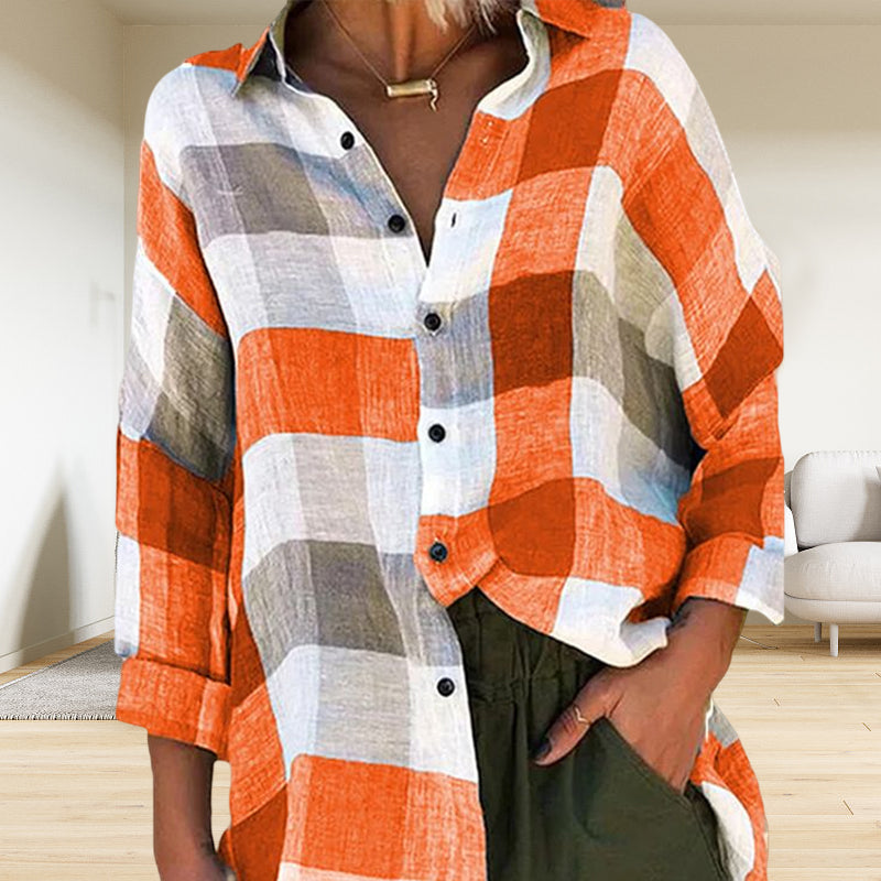 Chemise à manches longues imprimée pour femmes Chemise à carreaux ample
