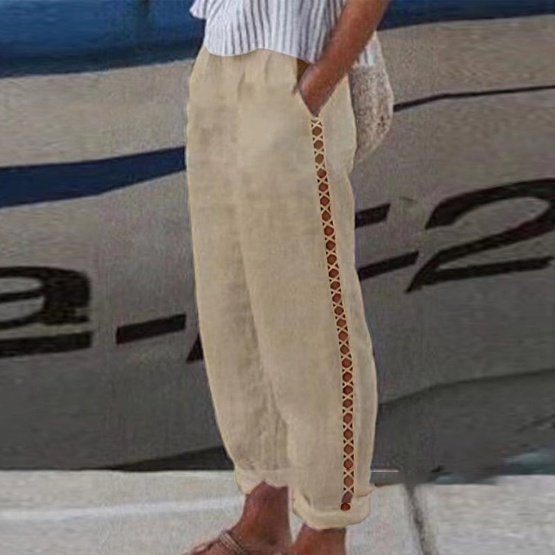 Pantalon uni en faux lin avec poches latérales pour femmes