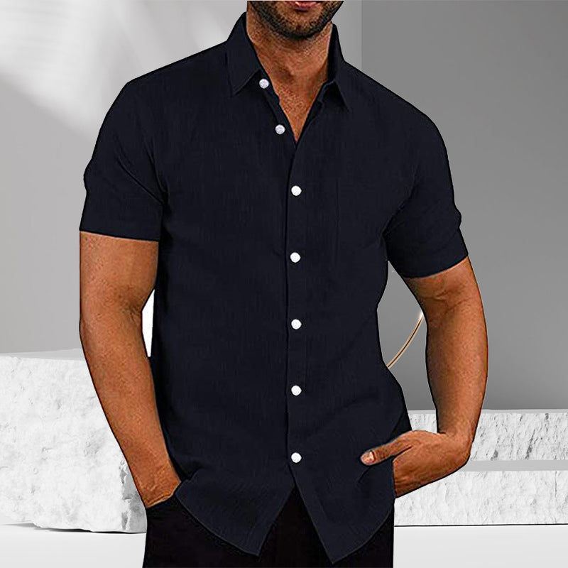 Chemise boutonnée à manches courtes en lin de couleur unie pour hommes