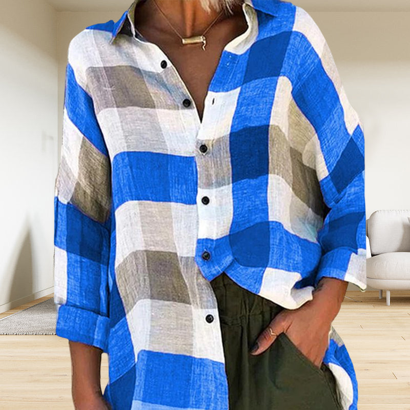 Chemise à manches longues imprimée pour femmes Chemise à carreaux ample