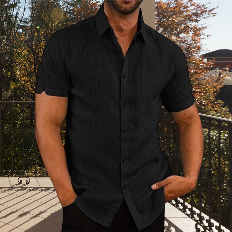 Chemise en lin boutonnée à manches courtes de couleur unie pour hommes
