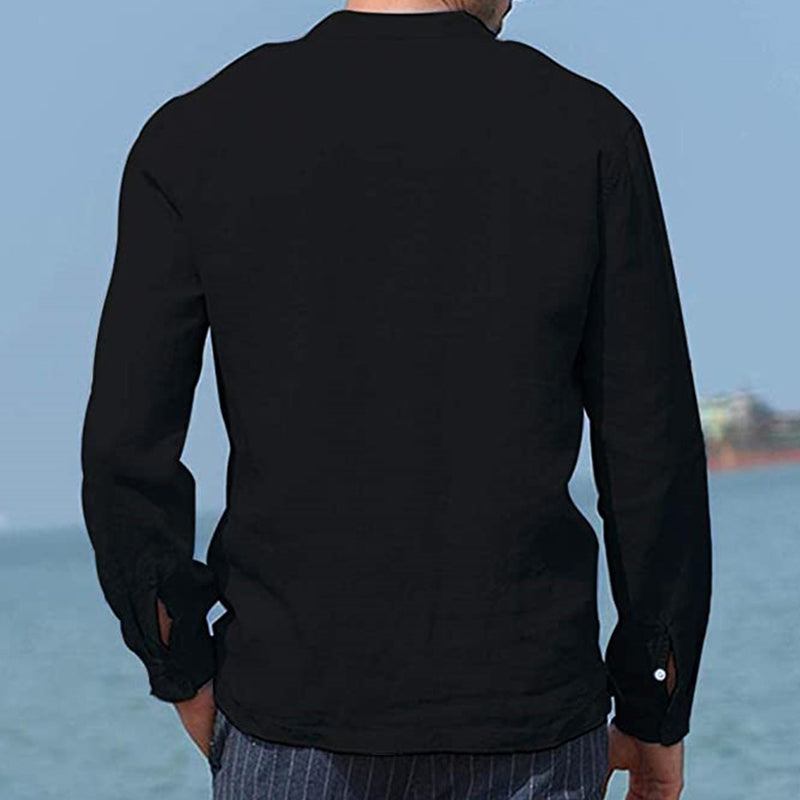 Chemise de couleur unie décontractée à manches longues en lin pour hommes