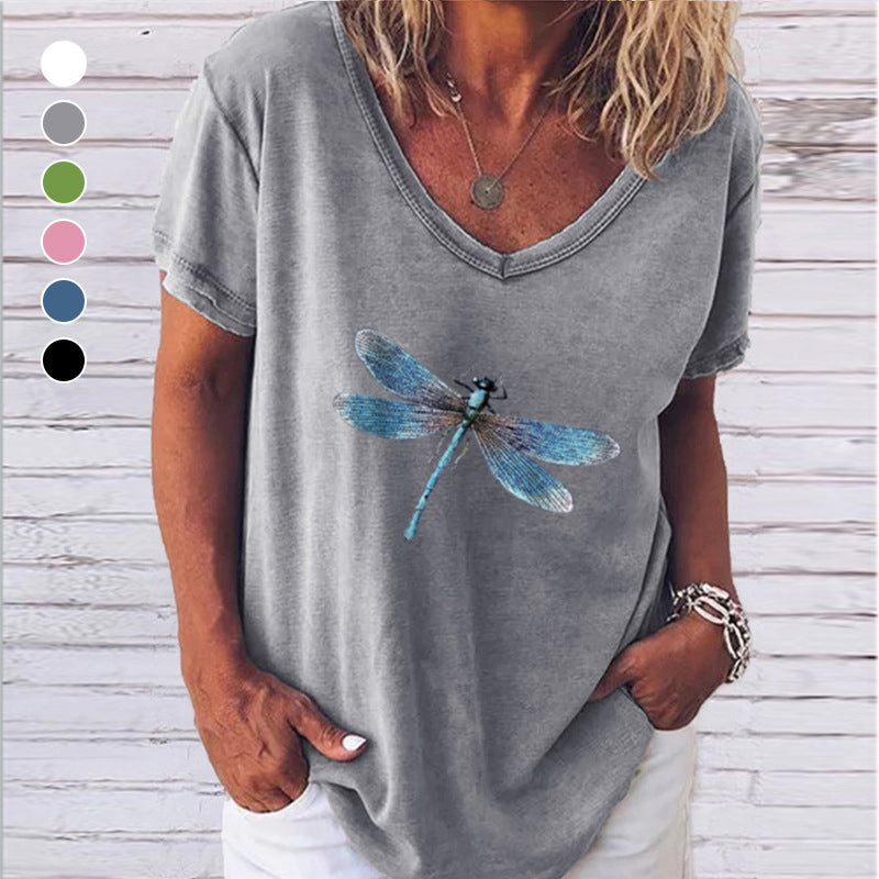 Kurzärmliges T-Shirt mit V-Ausschnitt und Libellendruck für Damen