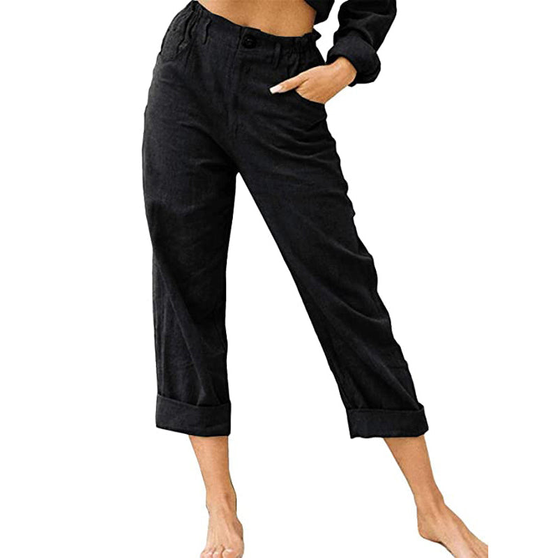 Pantalon décontracté en coton et lin taille haute pour femmes