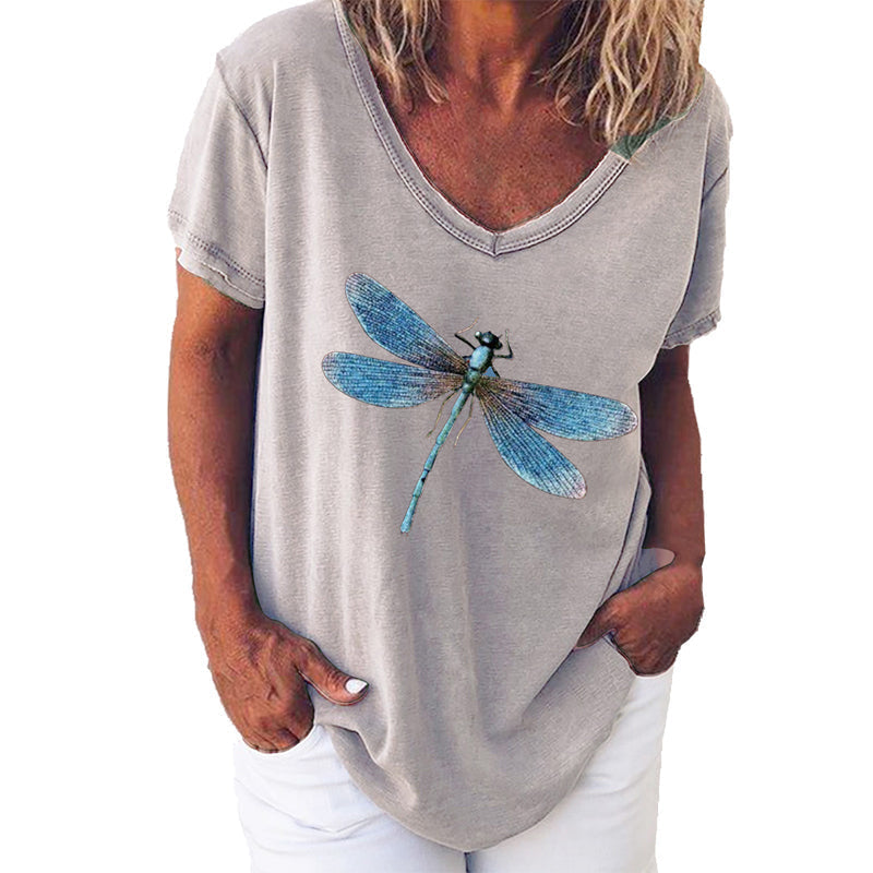 Kurzärmliges T-Shirt mit V-Ausschnitt und Libellendruck für Damen