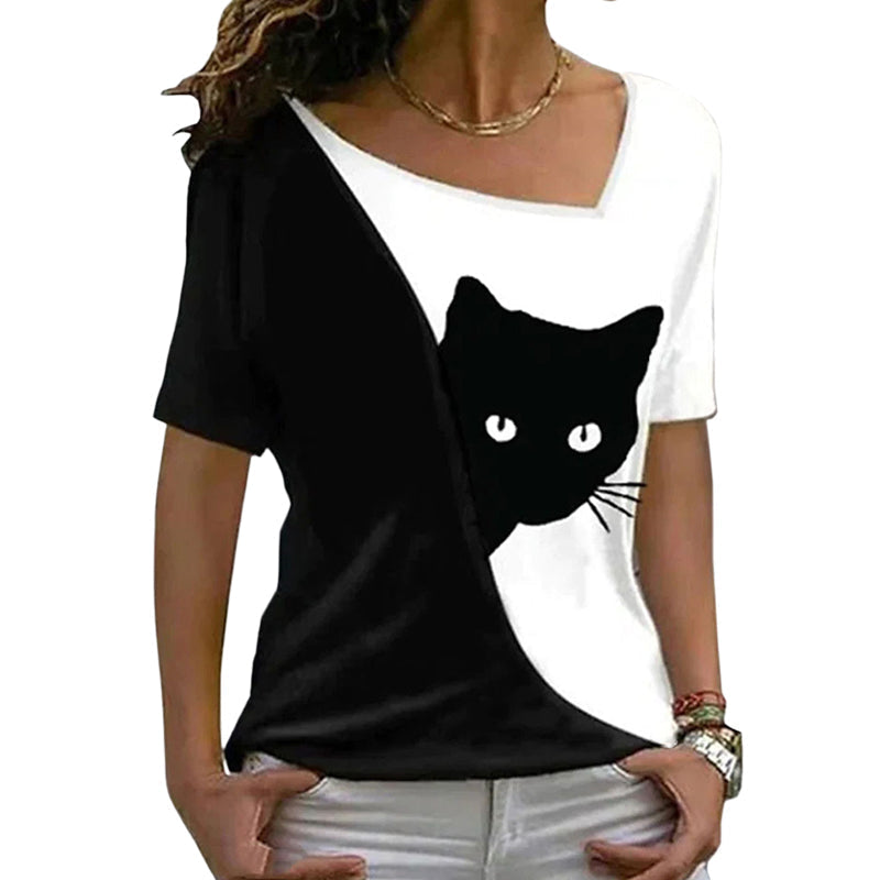 T-shirt chat noir à encolure diagonale