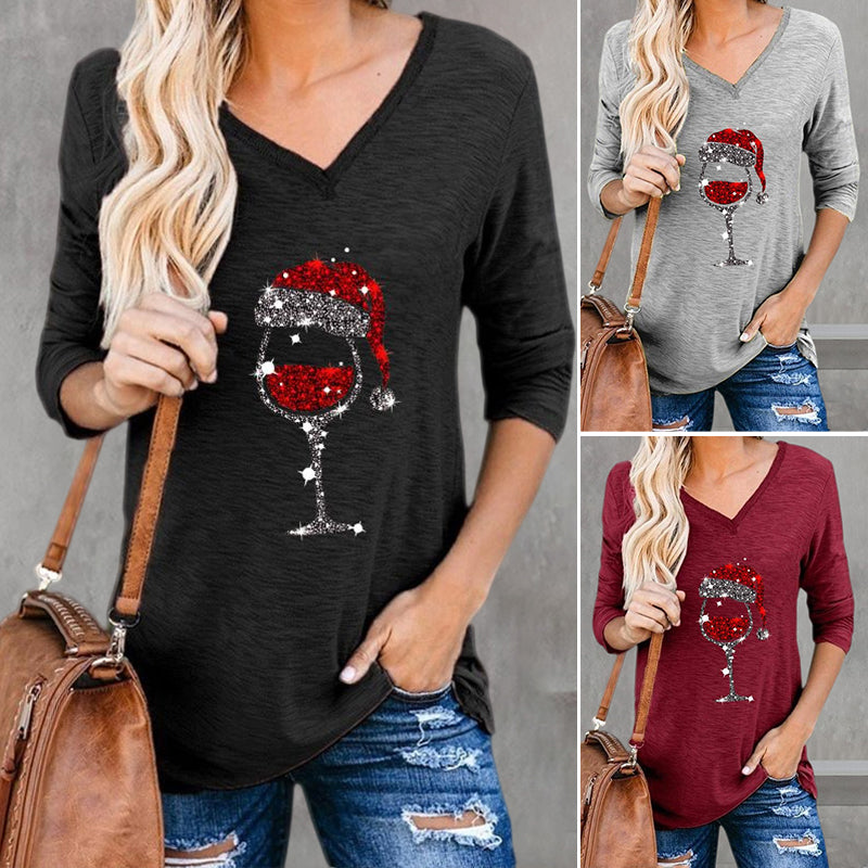 T-shirt de Noël à col en V et imprimé verres à vin pour femmes