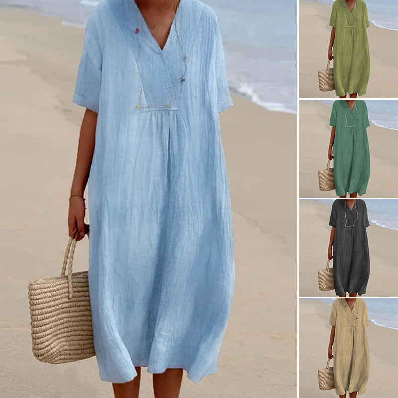 Robe en coton et lin de couleur unie pour femmes